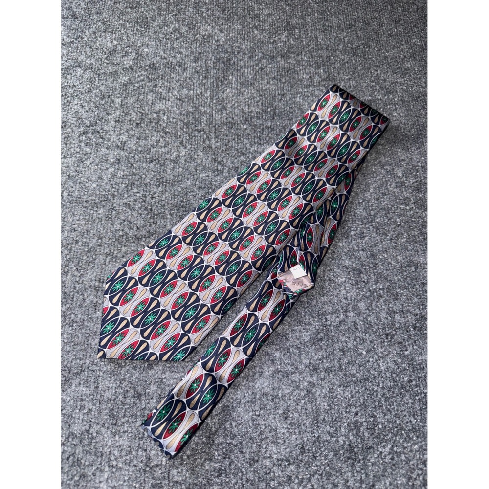 Pierre Cardin Mens Silk Tie Navy Blue Red Geometric Medallion Vintage Designer